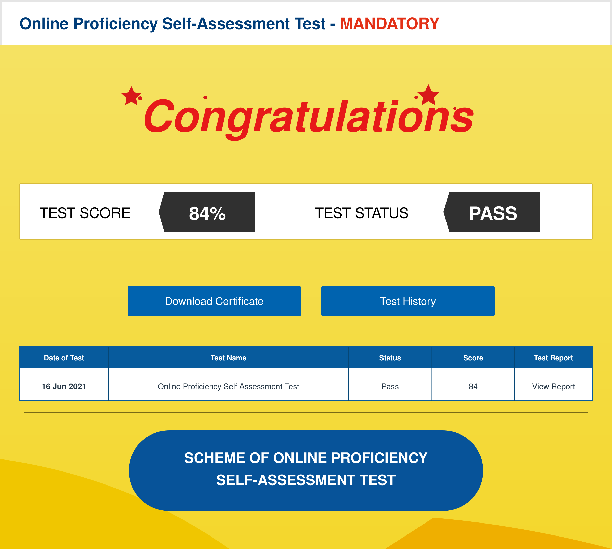 Online Proficiency Self-Assessment Test result — 84%, Pass