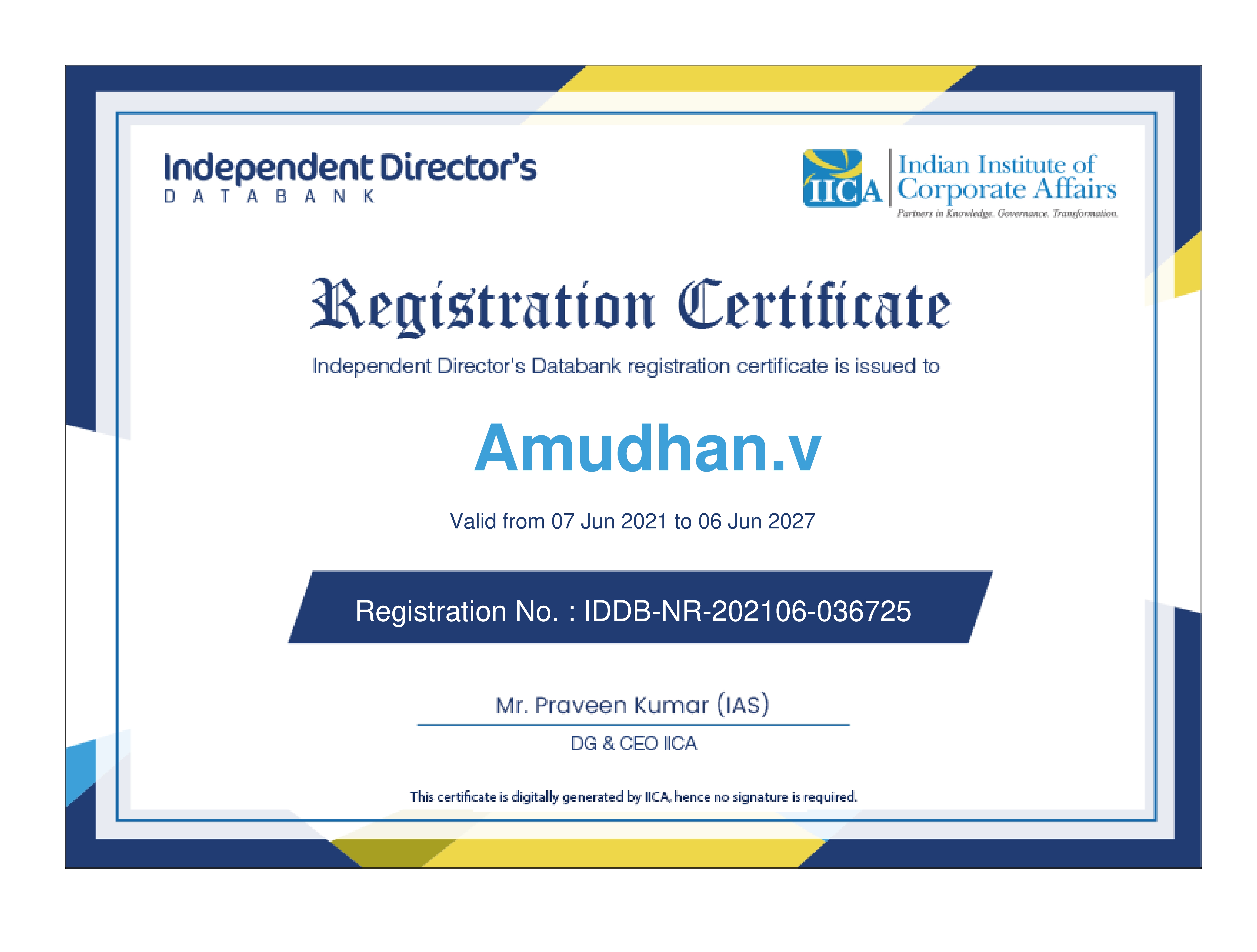 Independent Director's Databank registration certificate